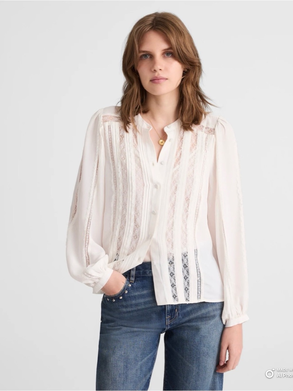 Madewell XXS Lace Insert Button-Up Long Sleeve Top in Winter White NWT FLAWS